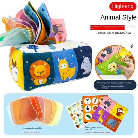 Colorful fabric toy with animal designs and paper squares, labeled 'High-end Animal Style'.