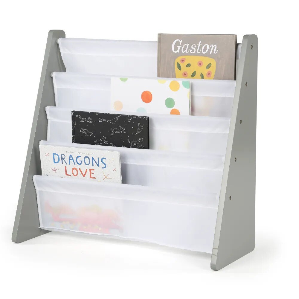 Gray bookshelf with white shelves holding children's books.