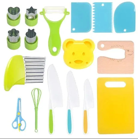 Set of colorful kitchen utensils including knives, a cutting board, and tools.