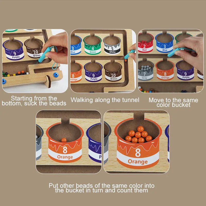 Wooden educational toy with colorful beads and numbered containers.