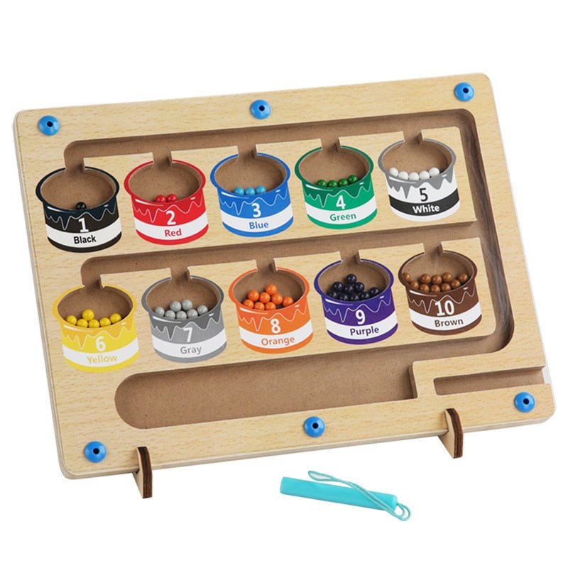 Wooden educational toy with color-coded containers