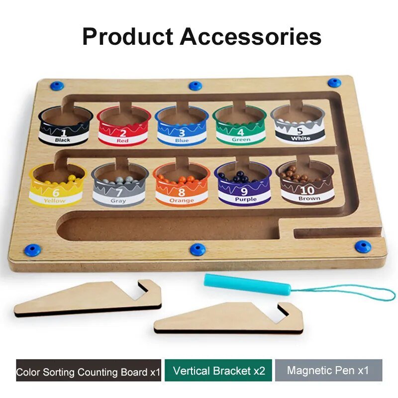Wooden color sorting counting board with accessories 
