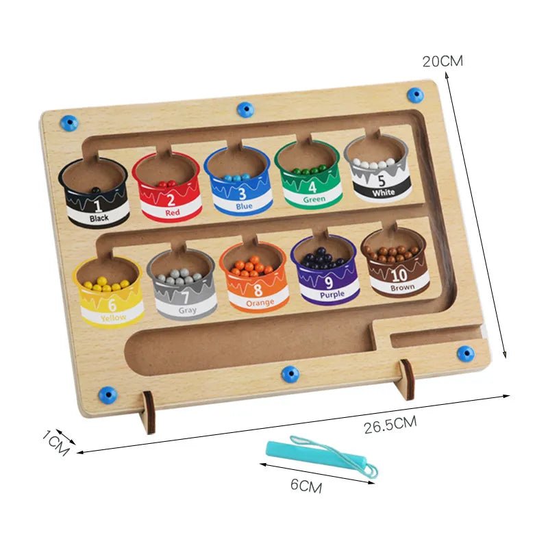 Wooden color sorting toy with labeled containers and measurement details 