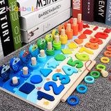 Colorful educational toy with numbers and shapes on a carpeted floor.