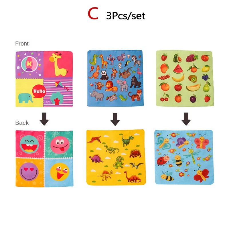 Set of three colorful children's educational mats with animal, fruit, and smiley face designs.