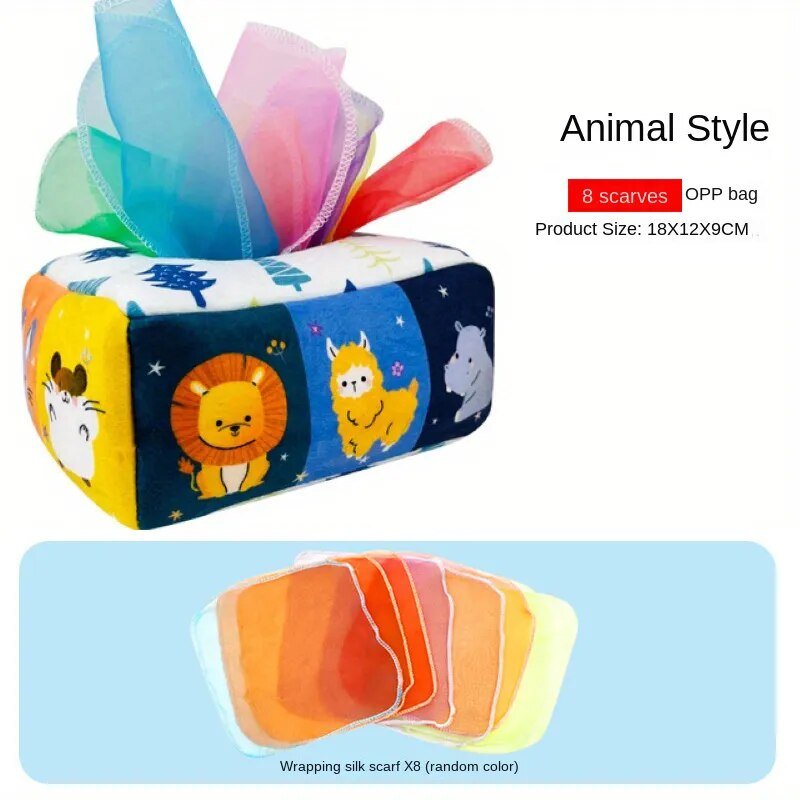 Rectangular pouch with animal designs and colorful scarves on top, labeled 'Animal Style'.