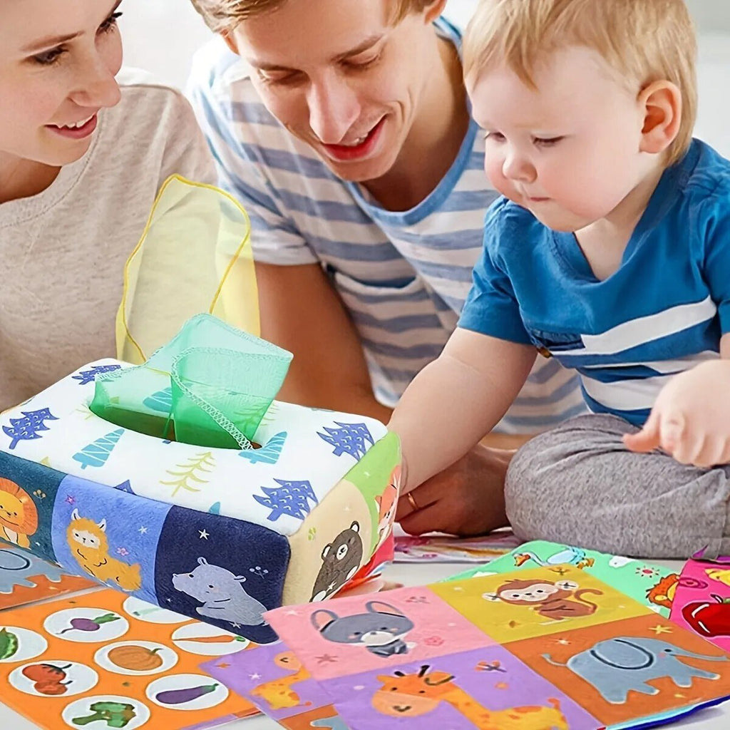Family with a child interacting with educational toys