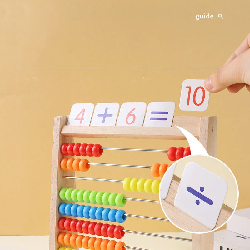 Wooden abacus with colorful beads and number cards.