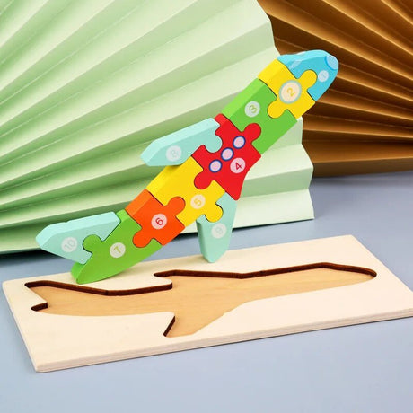 Colorful wooden puzzle shaped like a plane.