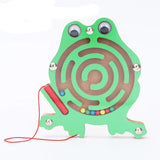 Green frog-shaped maze toy with a red string 