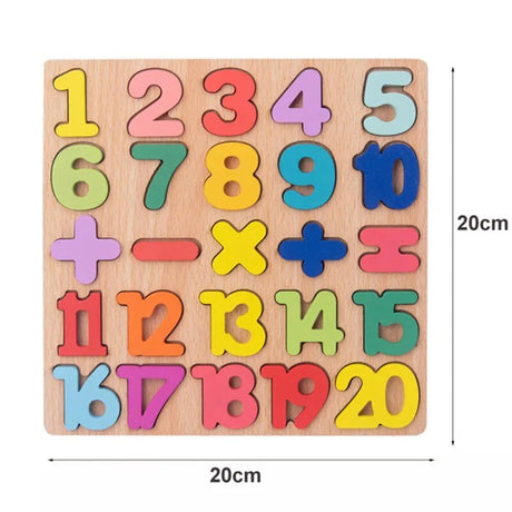 Wooden number puzzle with colorful numbers and mathematical symbols 