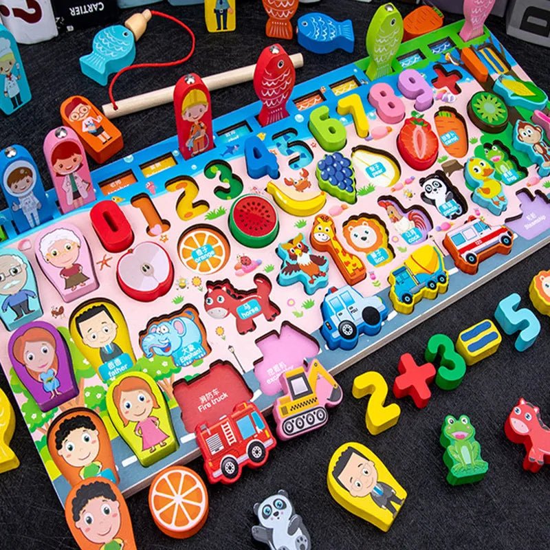 Colorful children's educational puzzle with numbers, letters, and animals.