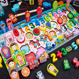 Colorful children's educational puzzle with numbers, letters, and animals.