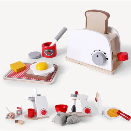Wooden toy kitchen set with toaster, eggs, and other items