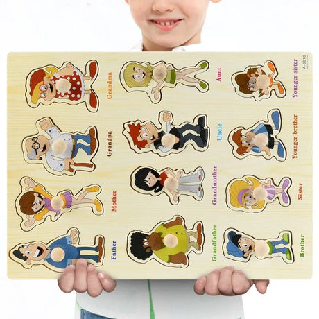 Wooden family puzzle with labeled figures held by a child