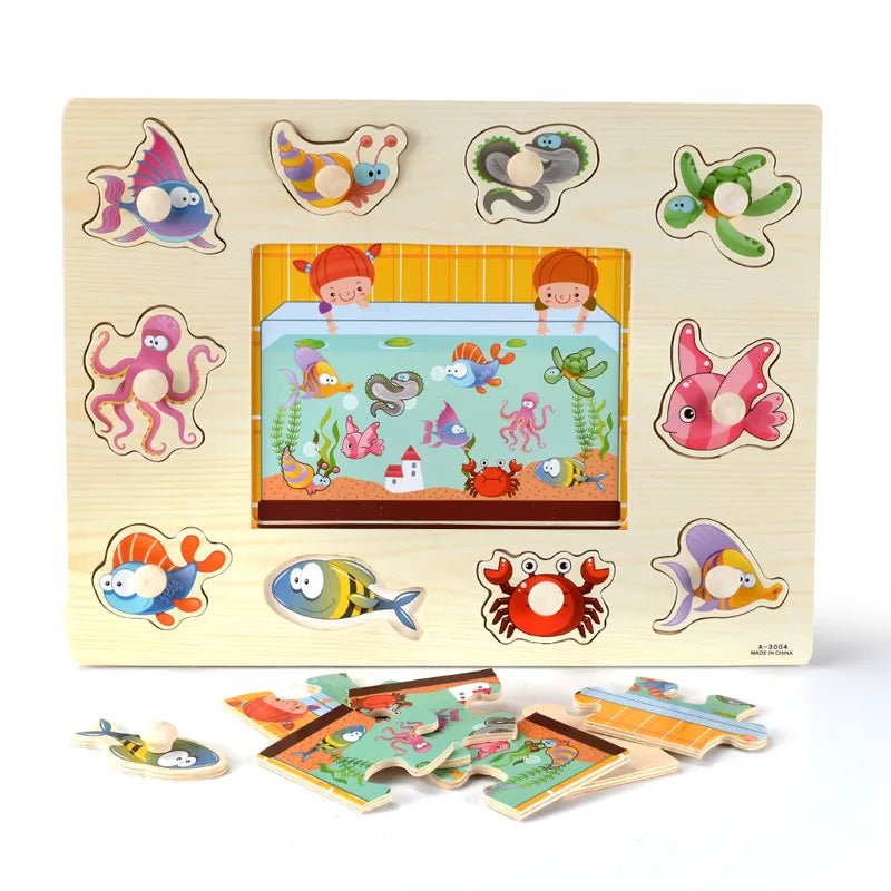 Wooden puzzle with colorful sea-themed pieces on a white background
