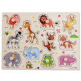 Wooden puzzle with colorful animal figures.