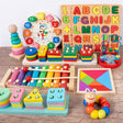 Assorted colorful wooden educational toys.