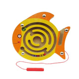 Wooden fish-shaped maze toy with a string and beads.