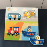Children's puzzle with transportation-themed wooden pieces 