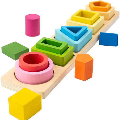 Colorful wooden shape sorting toy with various geometric blocks