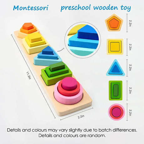 Montessori preschool wooden toy with colorful geometric shapes and measurements 