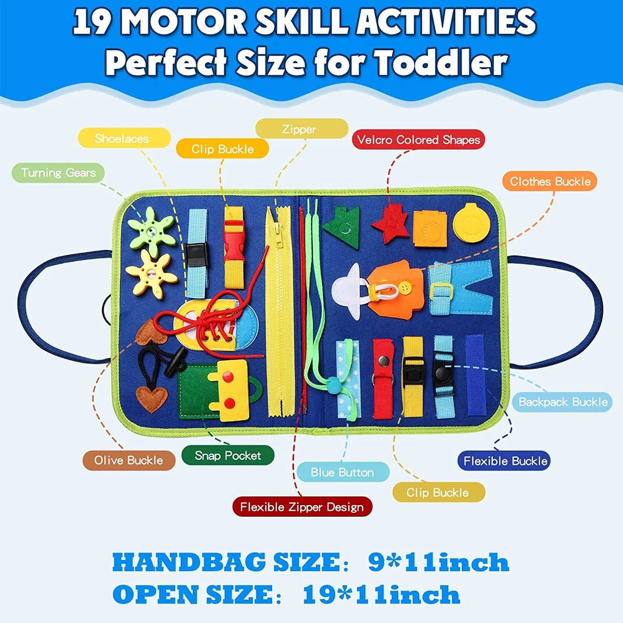 Motor skill activity kit for toddlers with colorful components on a blue background
