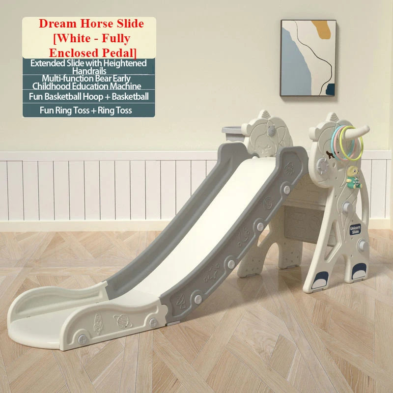 Children's slide with additional play equipment on a wooden floor, featuring text about product features.