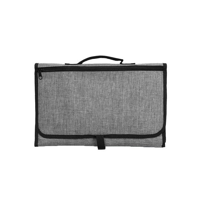 Gray fabric bag with a black zipper and handle