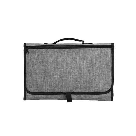 Gray fabric bag with a black zipper and handle