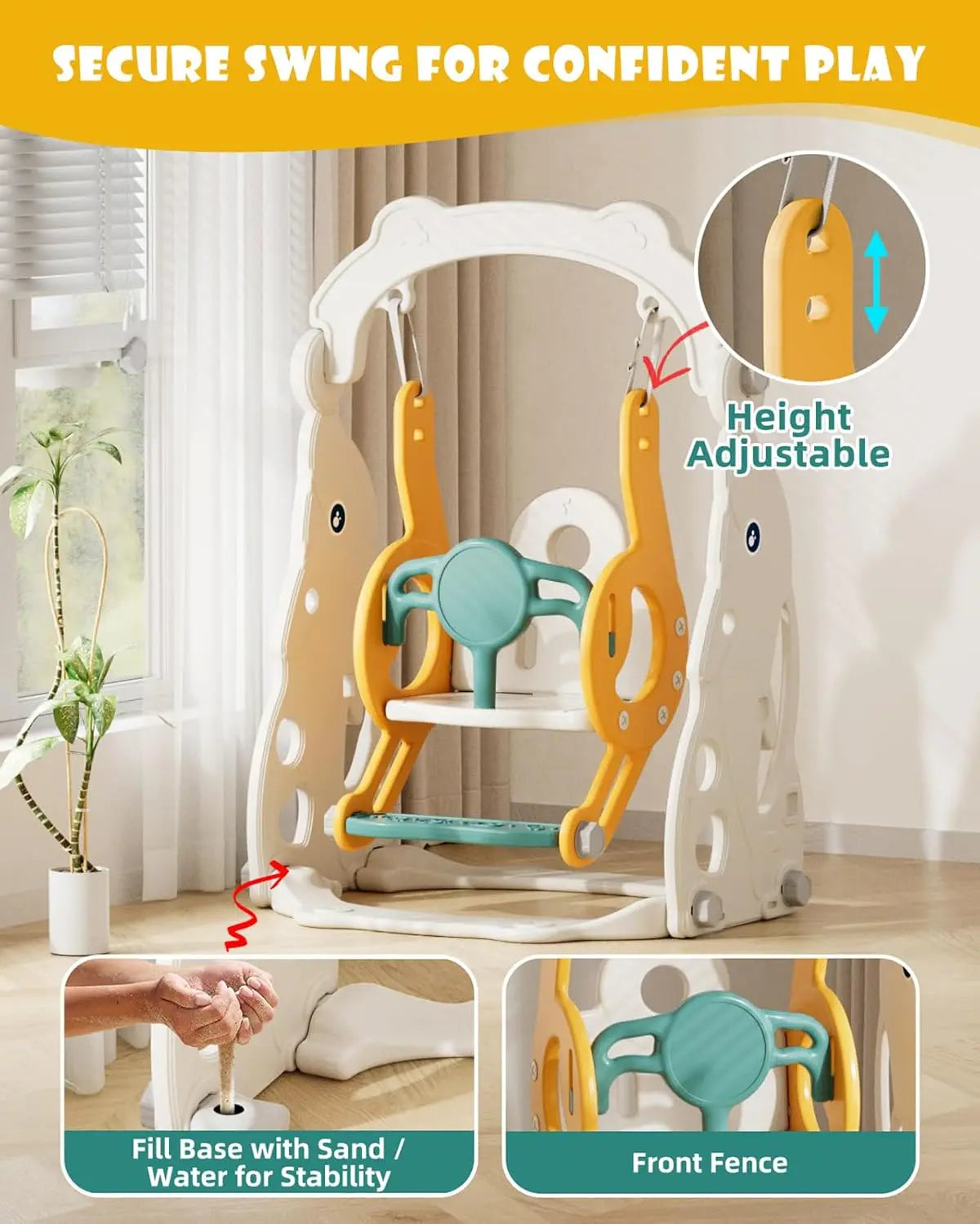 Children's swing with height adjustable feature, sand/water fill base, and front fence in a room setting.