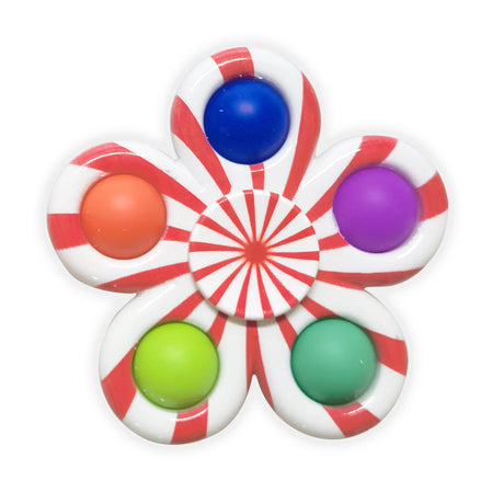 Colorful fidget spinner with red and white design.