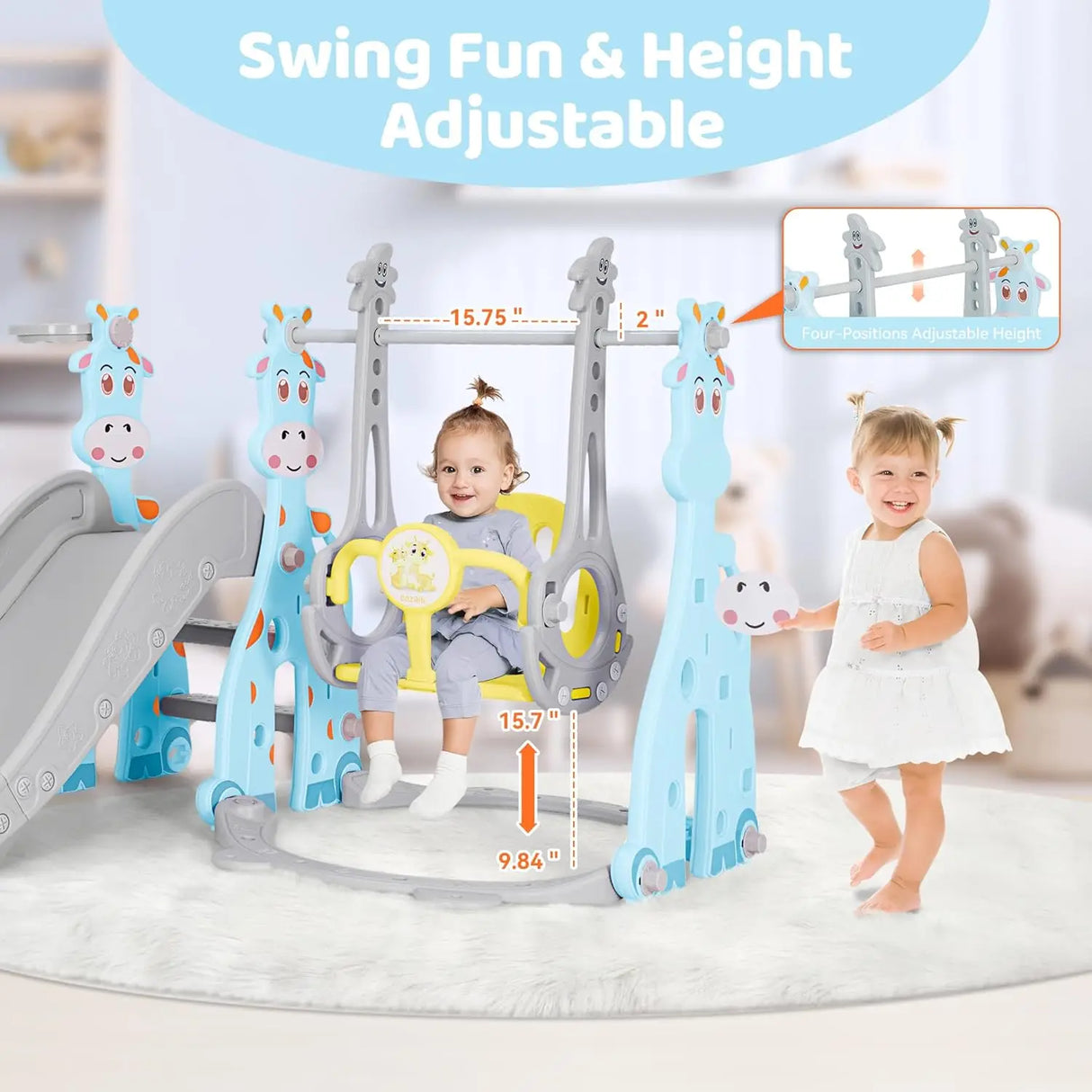 Children's swing set with height adjustment feature and two children using it.
