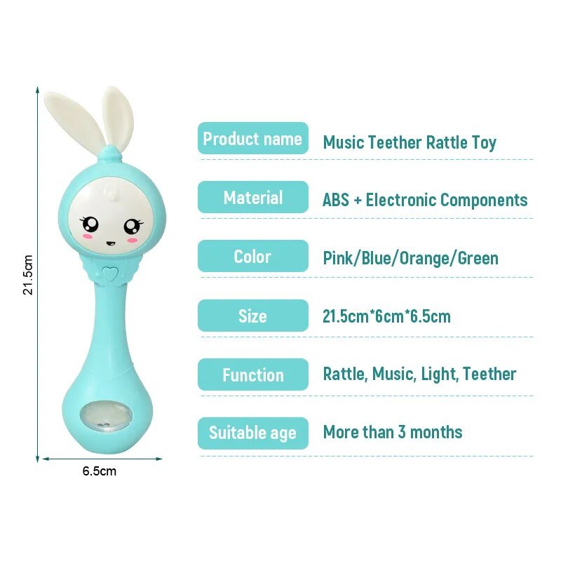 Music teether rattle toy with dimensions and features
