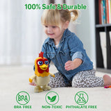 Child playing with a toy rooster on a carpeted floor, with safety certification logos displayed.