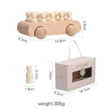 Wooden toy car with pegs and its packaging, showing dimensions and weight.