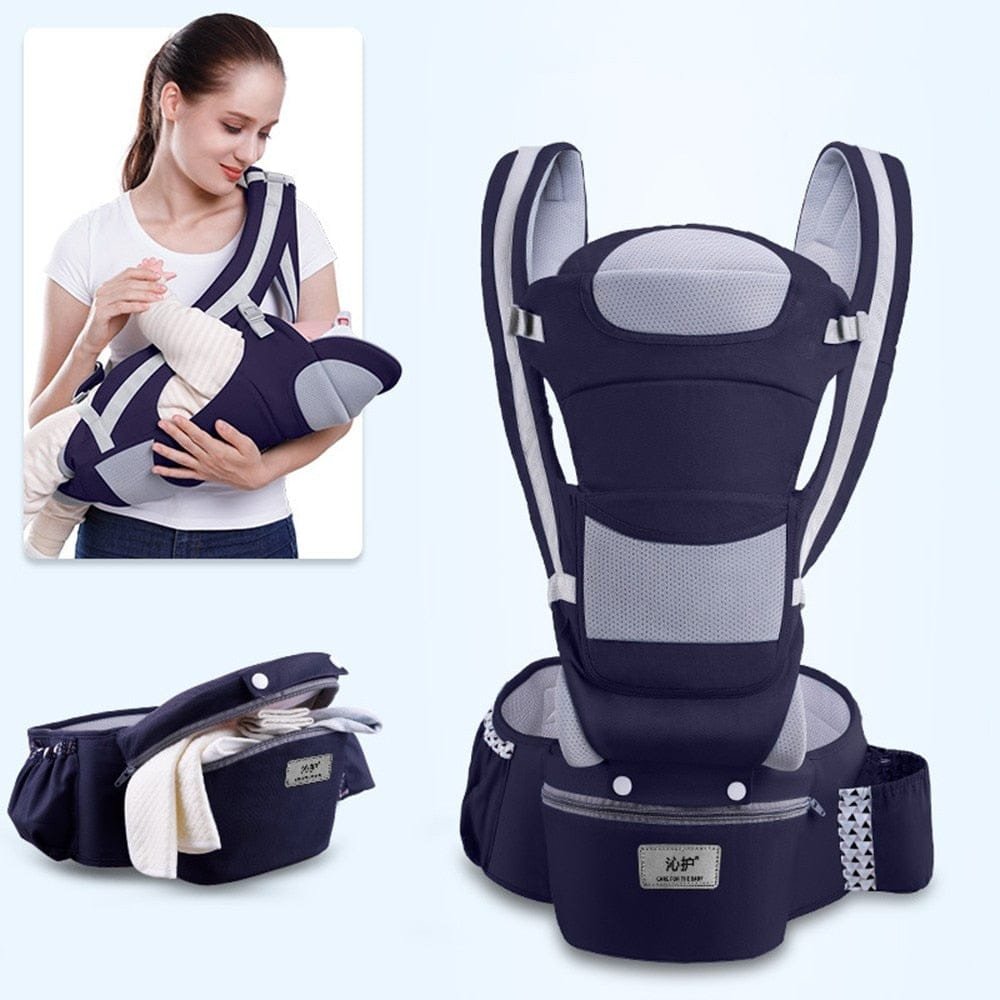 Baby carrier with a woman holding a baby, showing different angles on a white background.