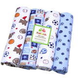 Four baby receiving blankets with sports-themed patterns and a Kolaco label.