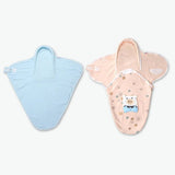 Two baby swaddles, one blue and one pink, with a cartoon design.
