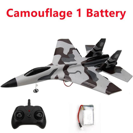 Camouflage-patterned toy airplane with remote control and battery 