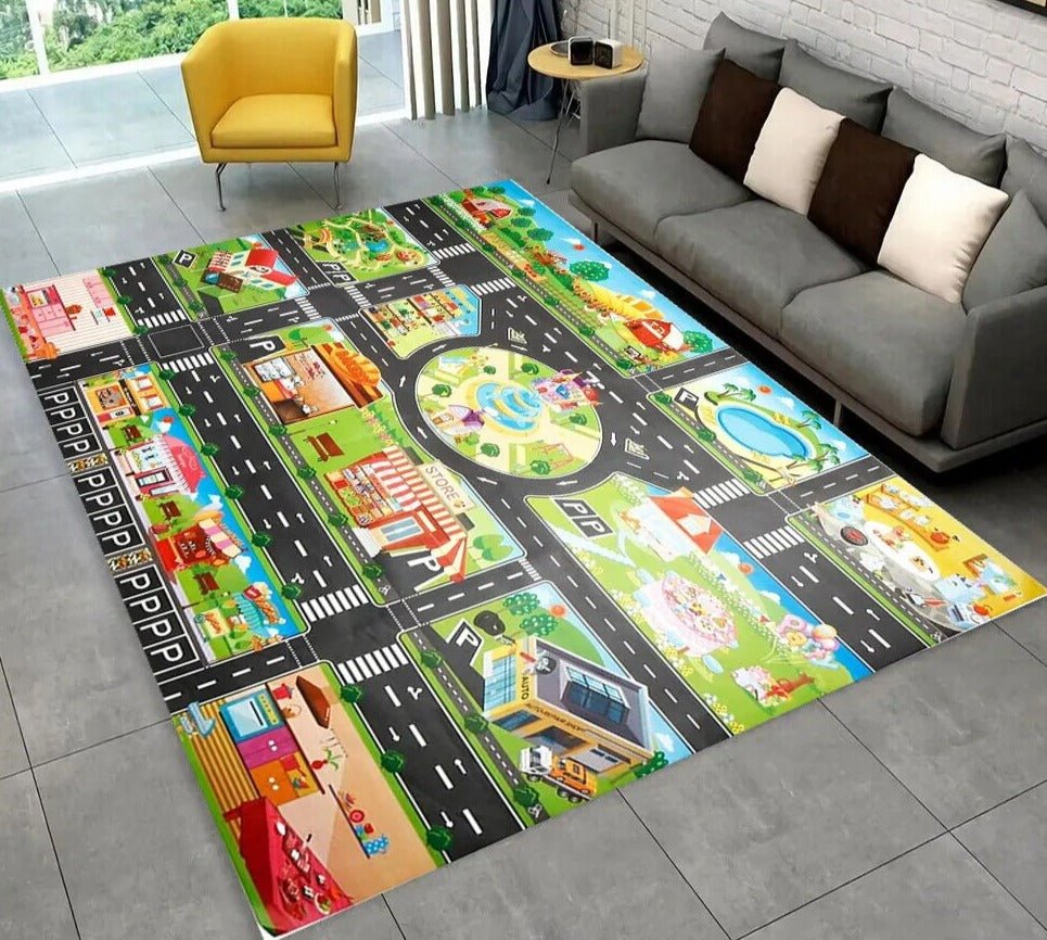 Colorful children's play rug with road design in a living room setting.