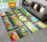 Colorful children's play rug with road design in a living room setting.