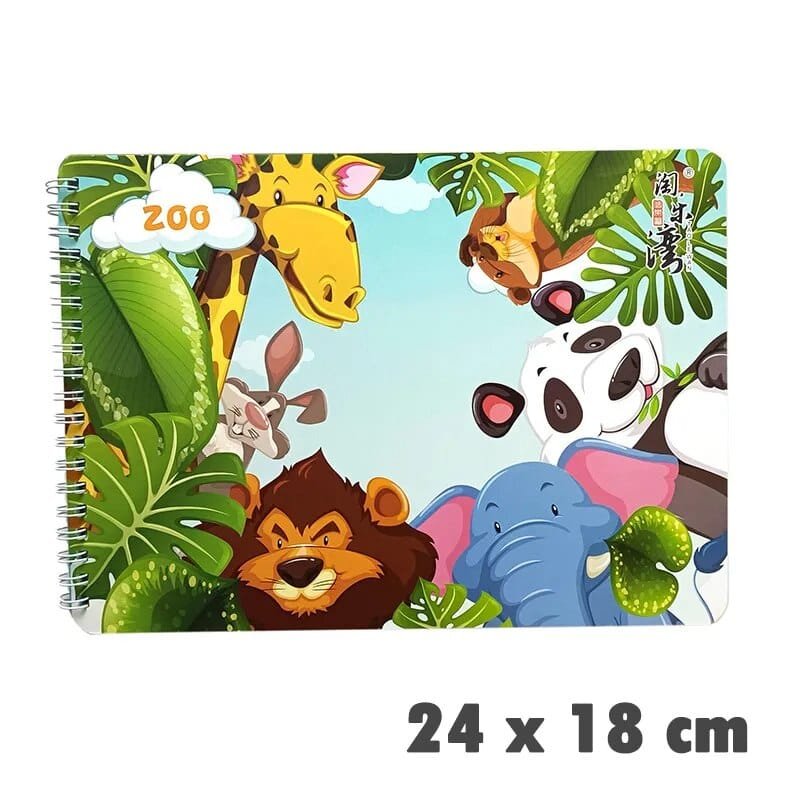 Notebook with cartoon animals and leaves design on a white background