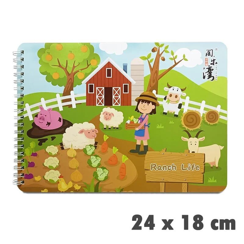 Notebook with farm-themed design featuring animals and a barn, size 24 x 18 cm.