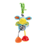 Colorful giraffe-shaped baby toy with a clip.