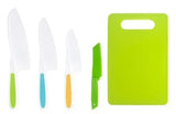 Set of knives with colorful handles and a green cutting board.