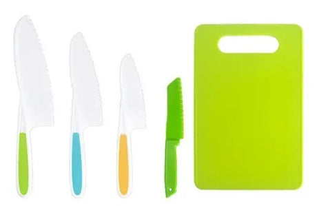 Set of knives with colorful handles and a green cutting board.