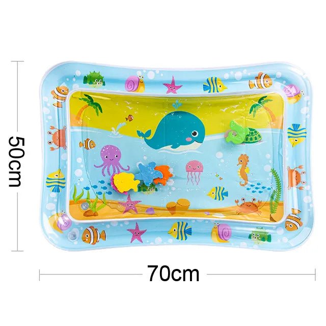 Inflatable water mat with ocean-themed design and dimensions on a white background