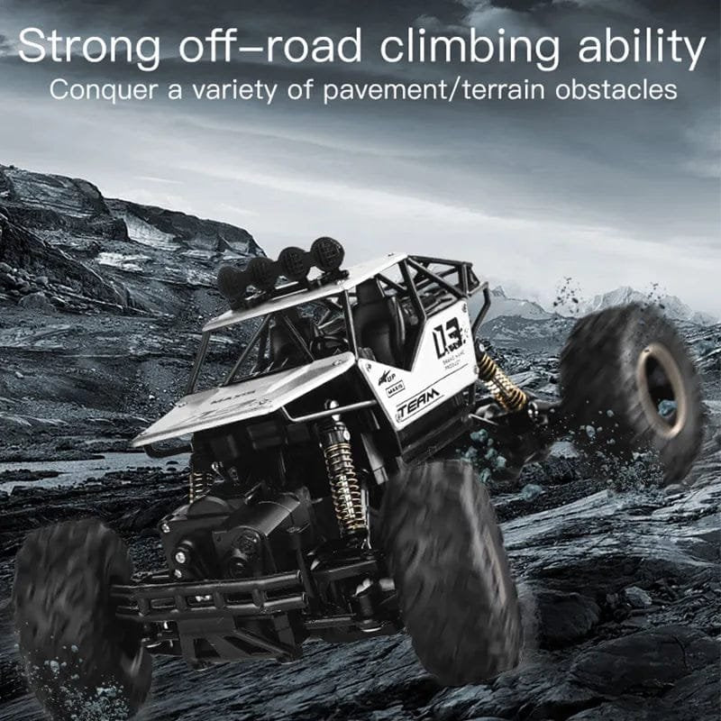 Off-road vehicle climbing a rocky terrain with text about strong off-road climbing ability.