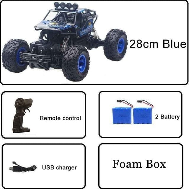Blue remote-controlled off-road vehicle with accessories.